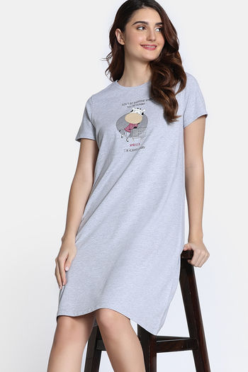 Buy Zivame Farm Lore Knit Cotton Knee Length Nightdress - Grey Melange
